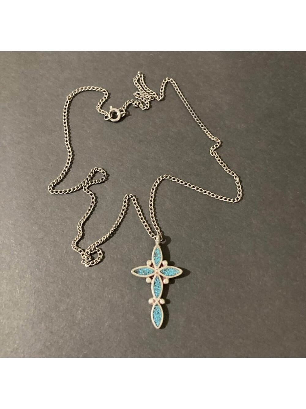 Turquoise Inlay Silver Tone Cross Pendant Necklace